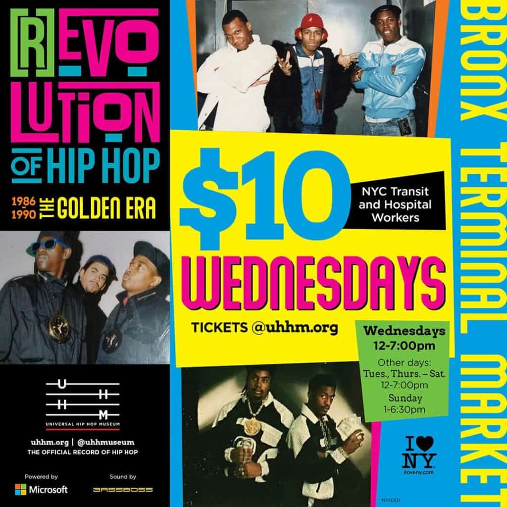 UHHM Flyer for Revolution of Hip Hop - $10 Wednesdays for NYC Transit and Hospital Workers